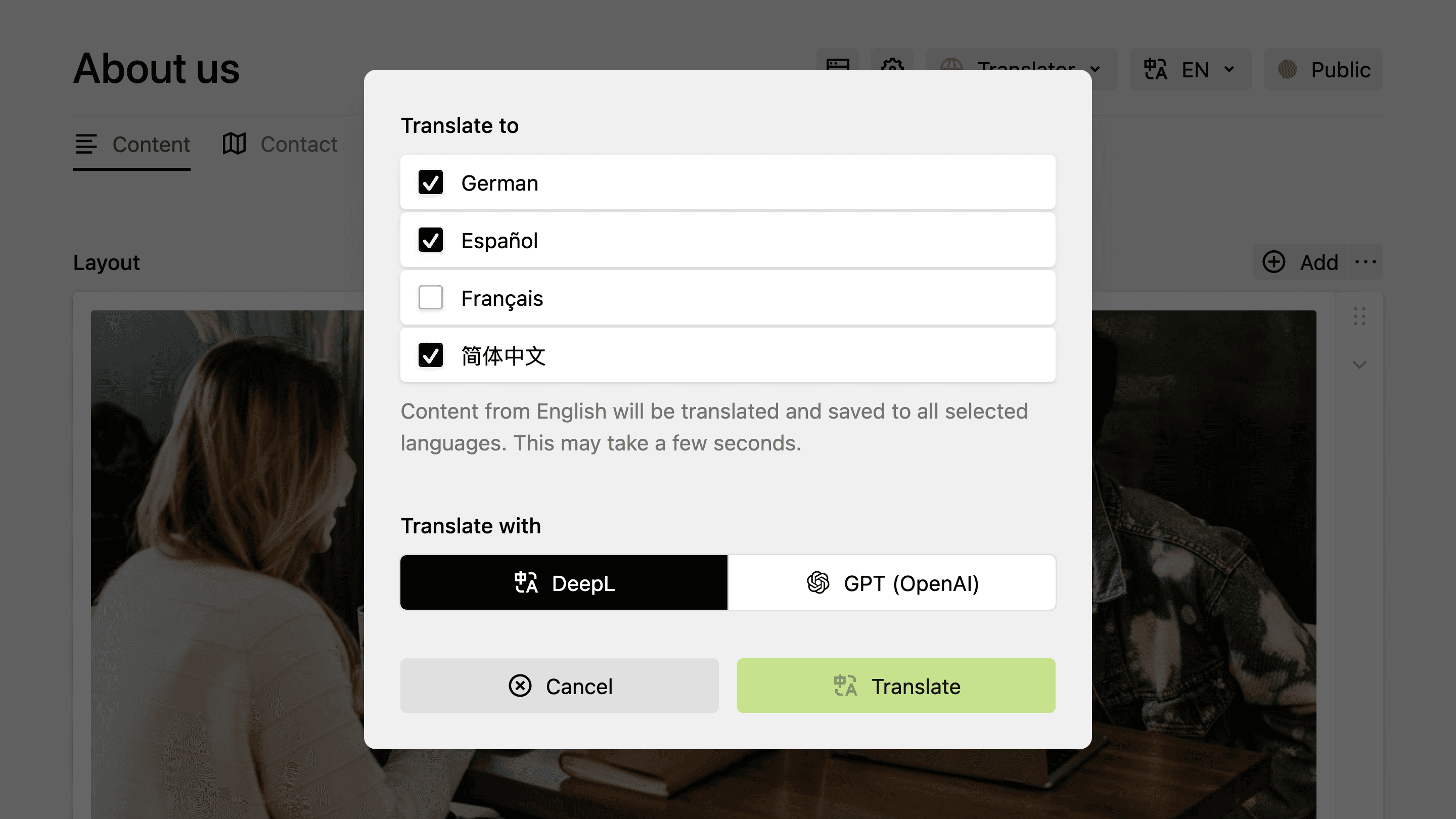 Panel dialog for selecting target languages for multi-language translation