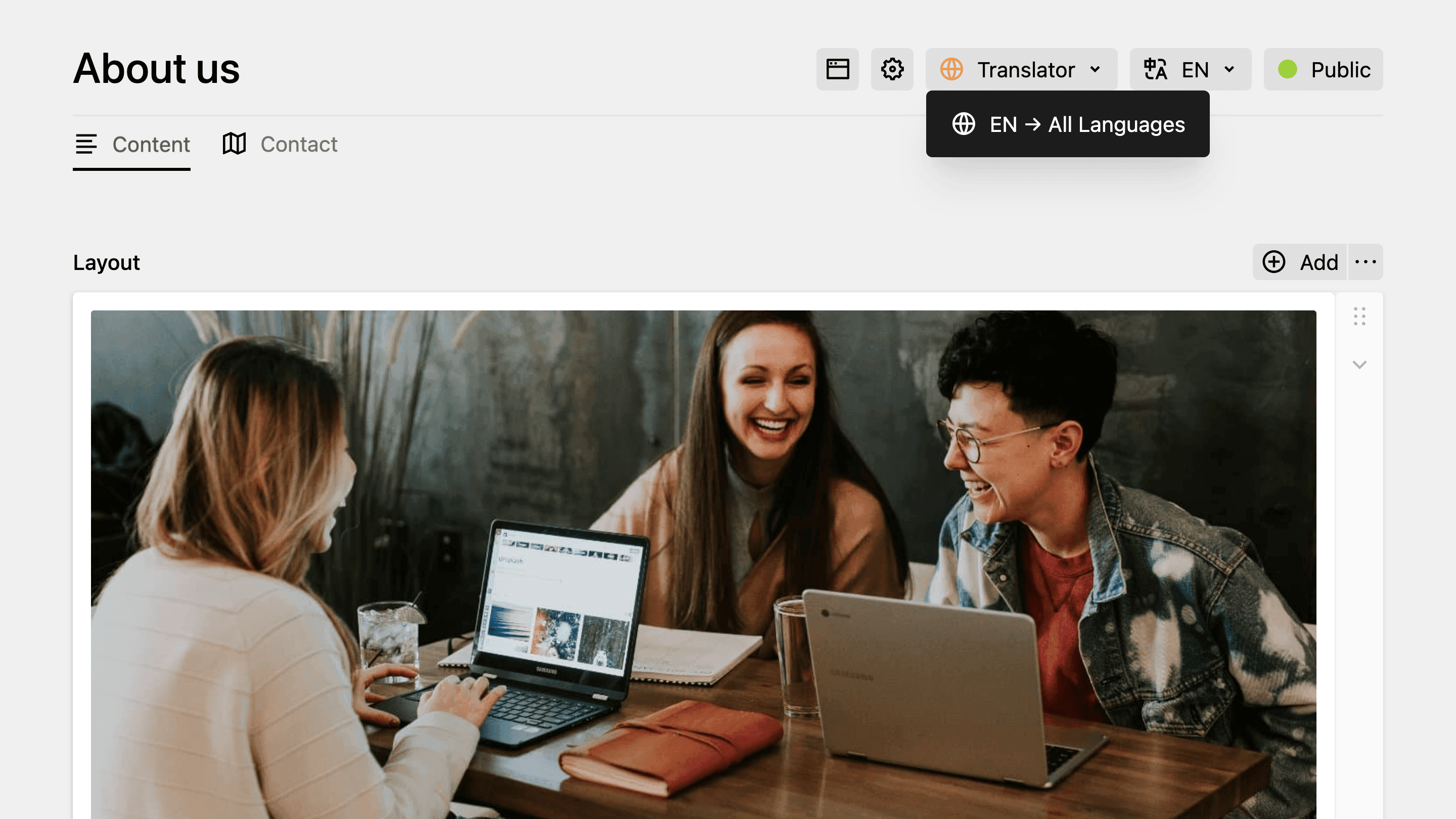 Content Translator view button dropdown showing multi-language translation option