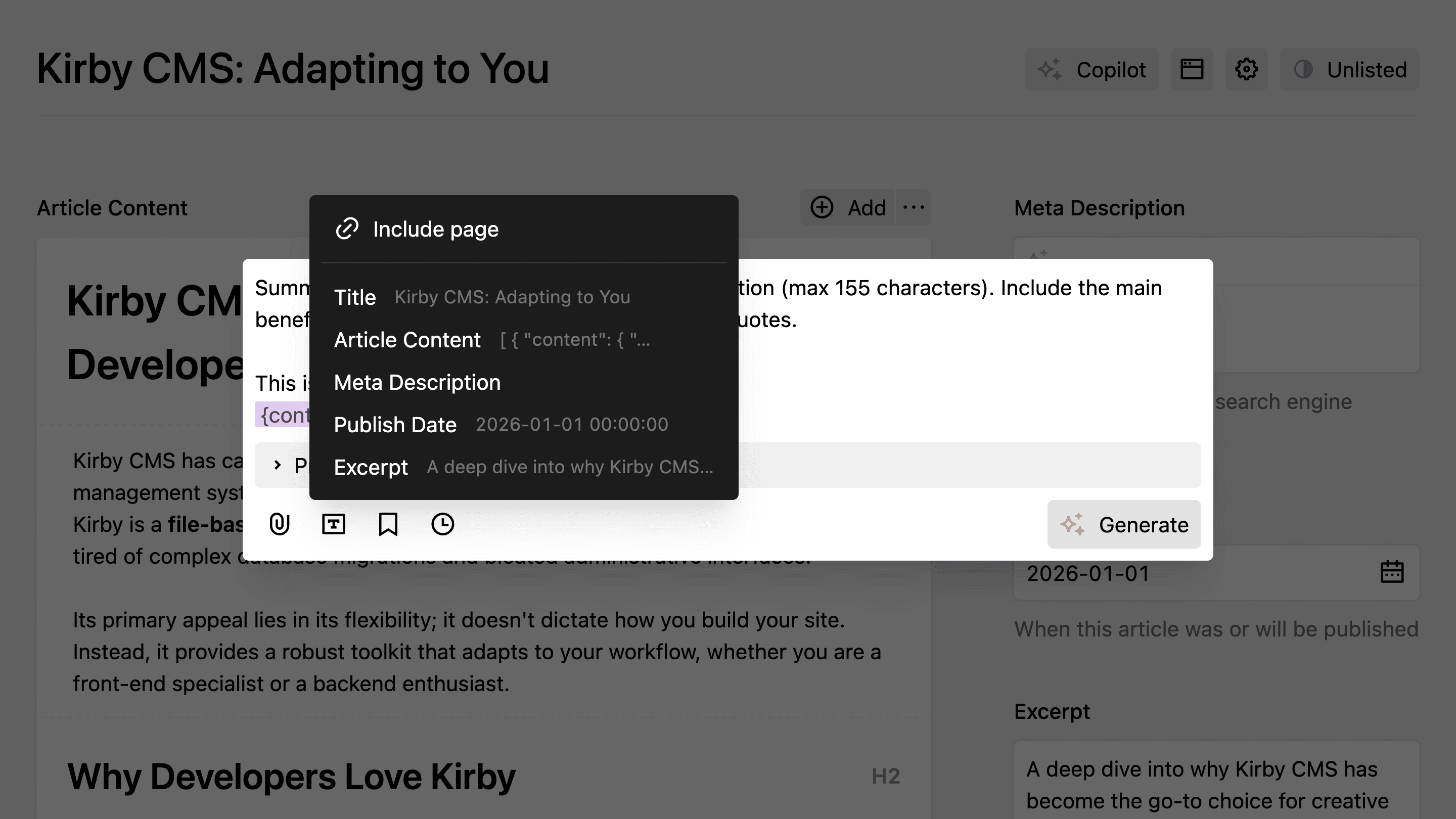 Insert field placeholder dropdown showing available fields from the current Kirby model