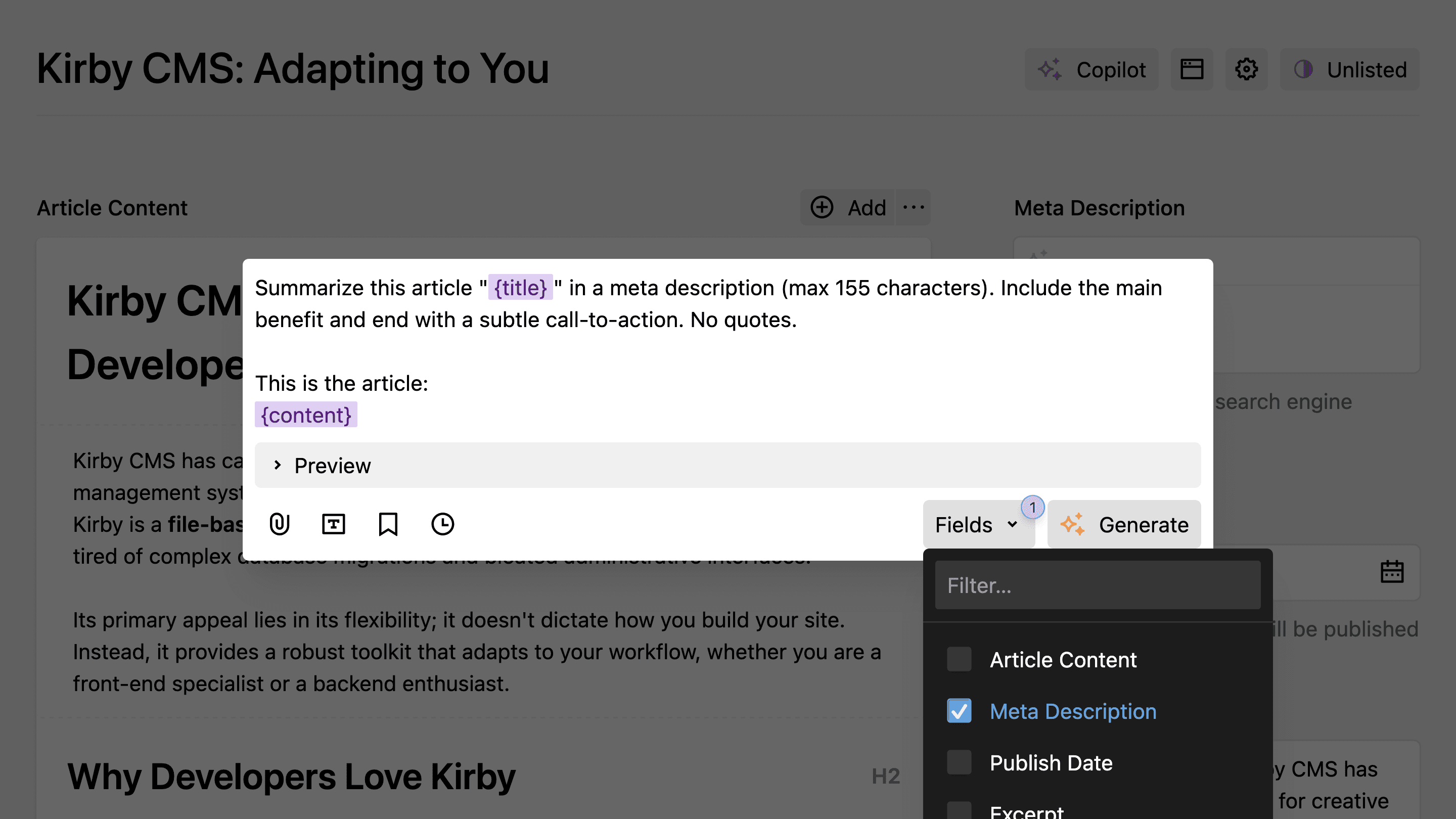 Copilot prompt dialog with field selection for meta description