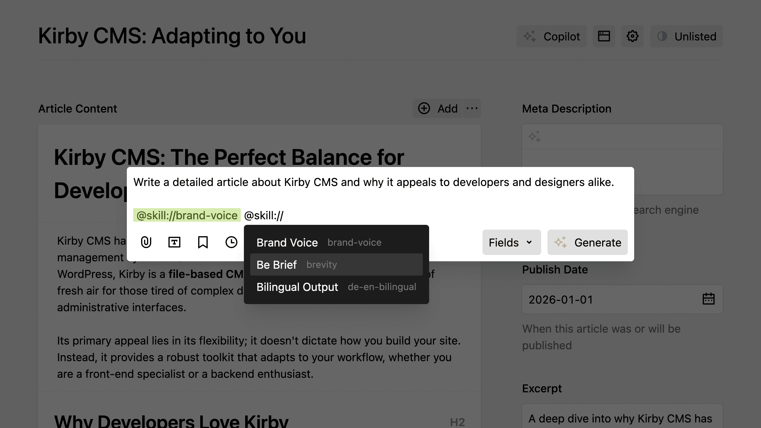 Prompt editor showing a green @skill://brand-voice token and the open skill typeahead dropdown