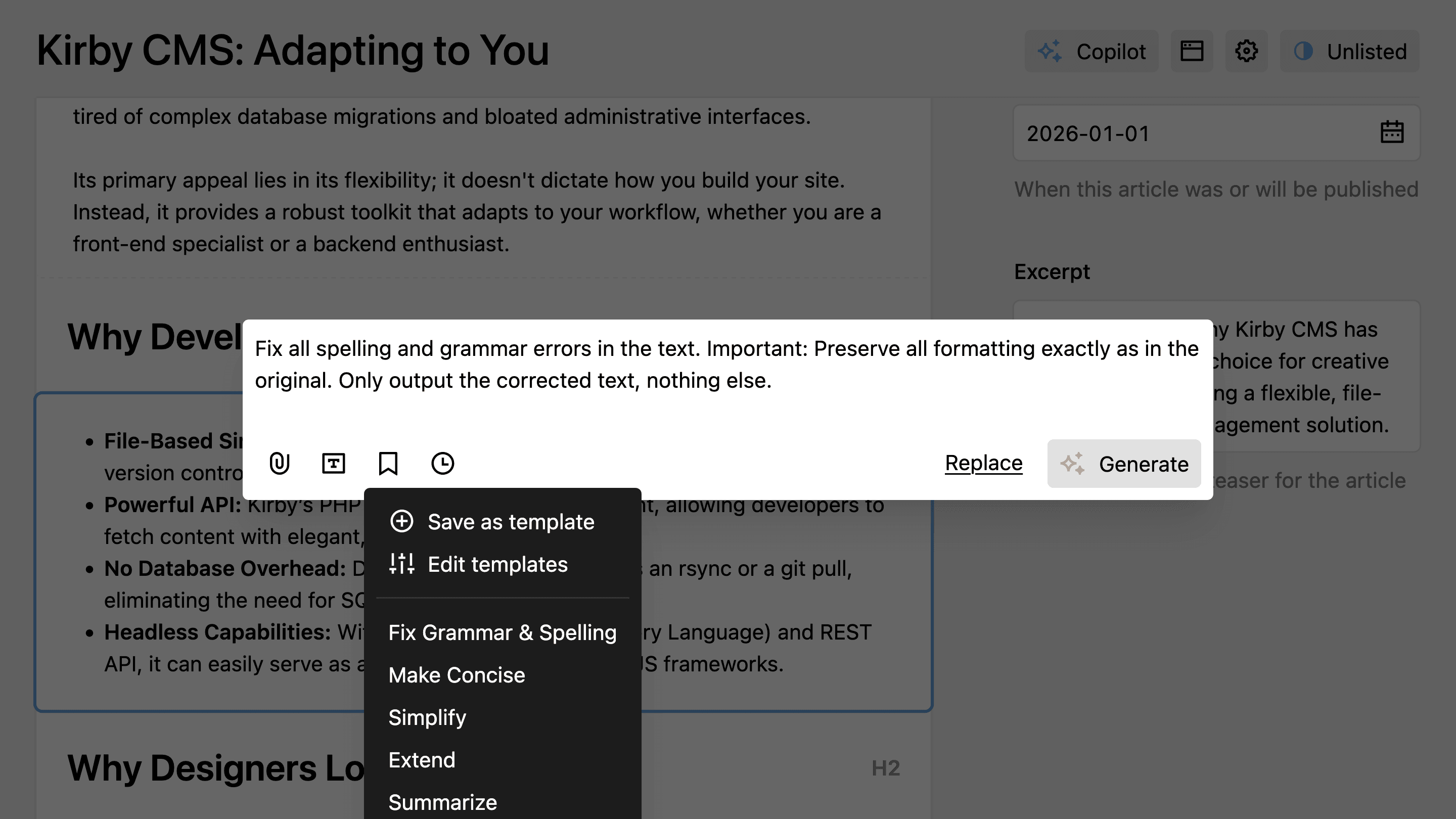 Prompt templates dropdown showing built-in templates and save options