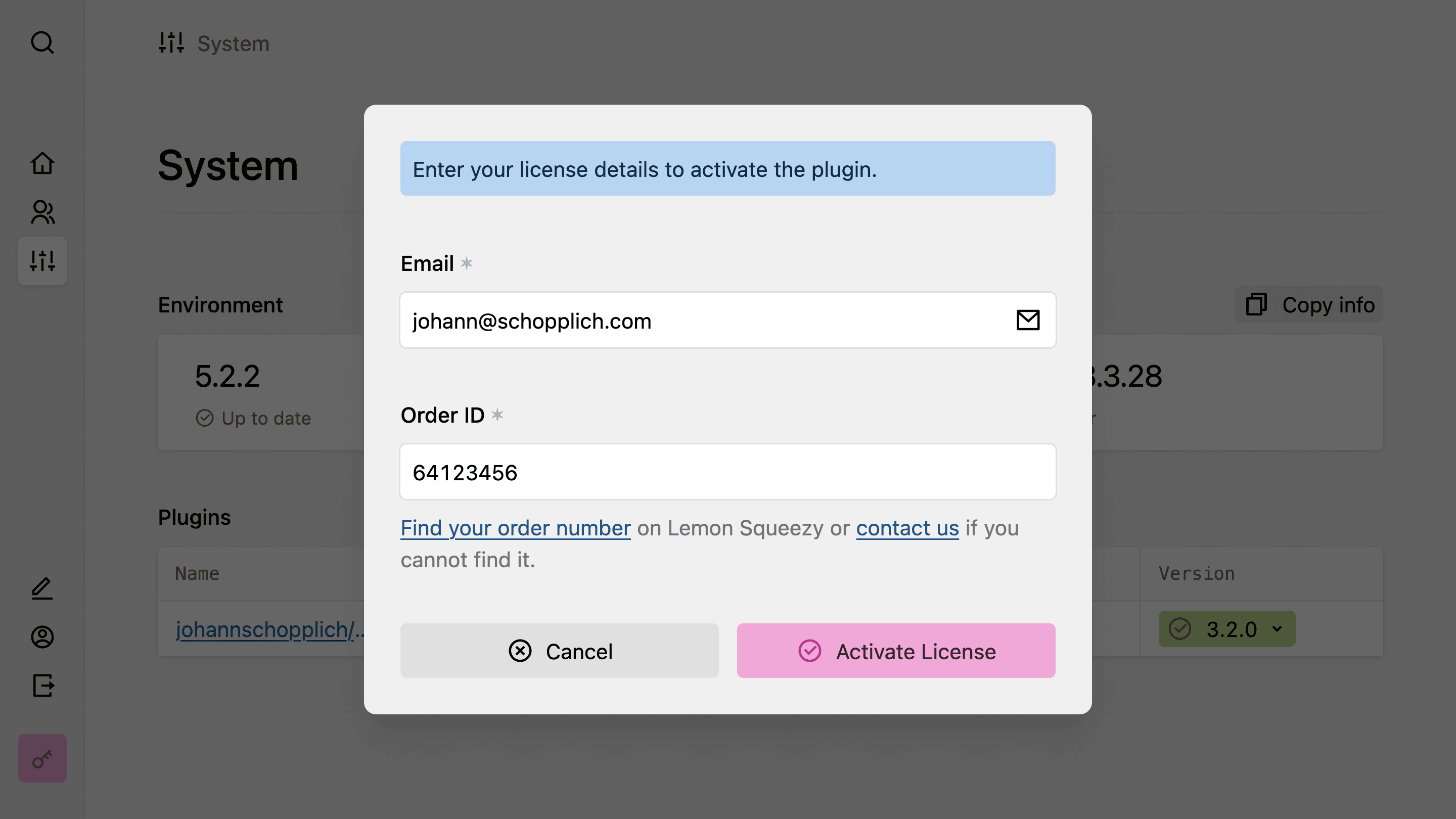 Kirby Panel system area with the license activation form