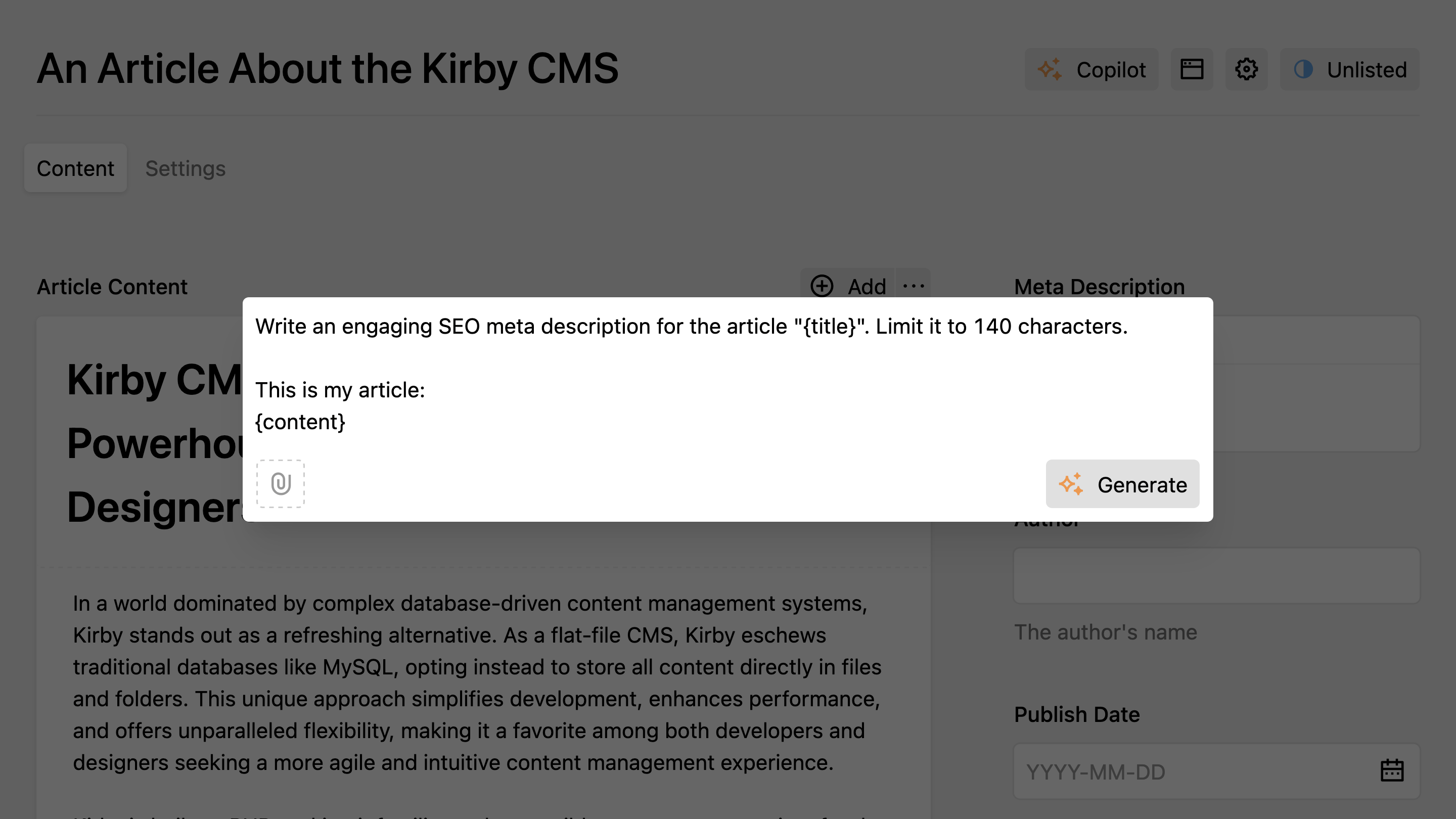 Kirby Copilot textarea prompt dialog