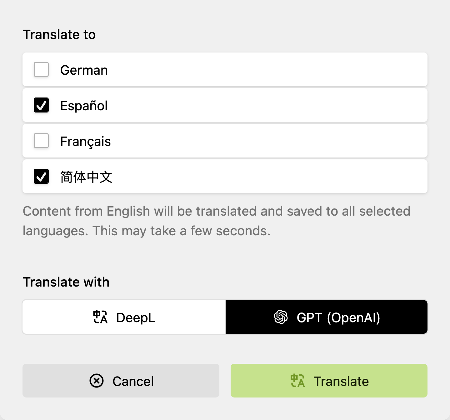 Content Translator multi-language translation dialog