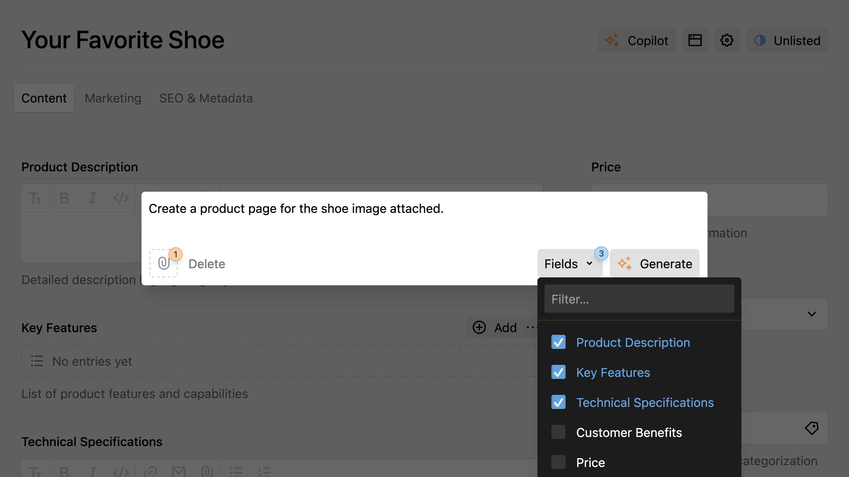 Kirby Copilot fields selection in prompt dialog