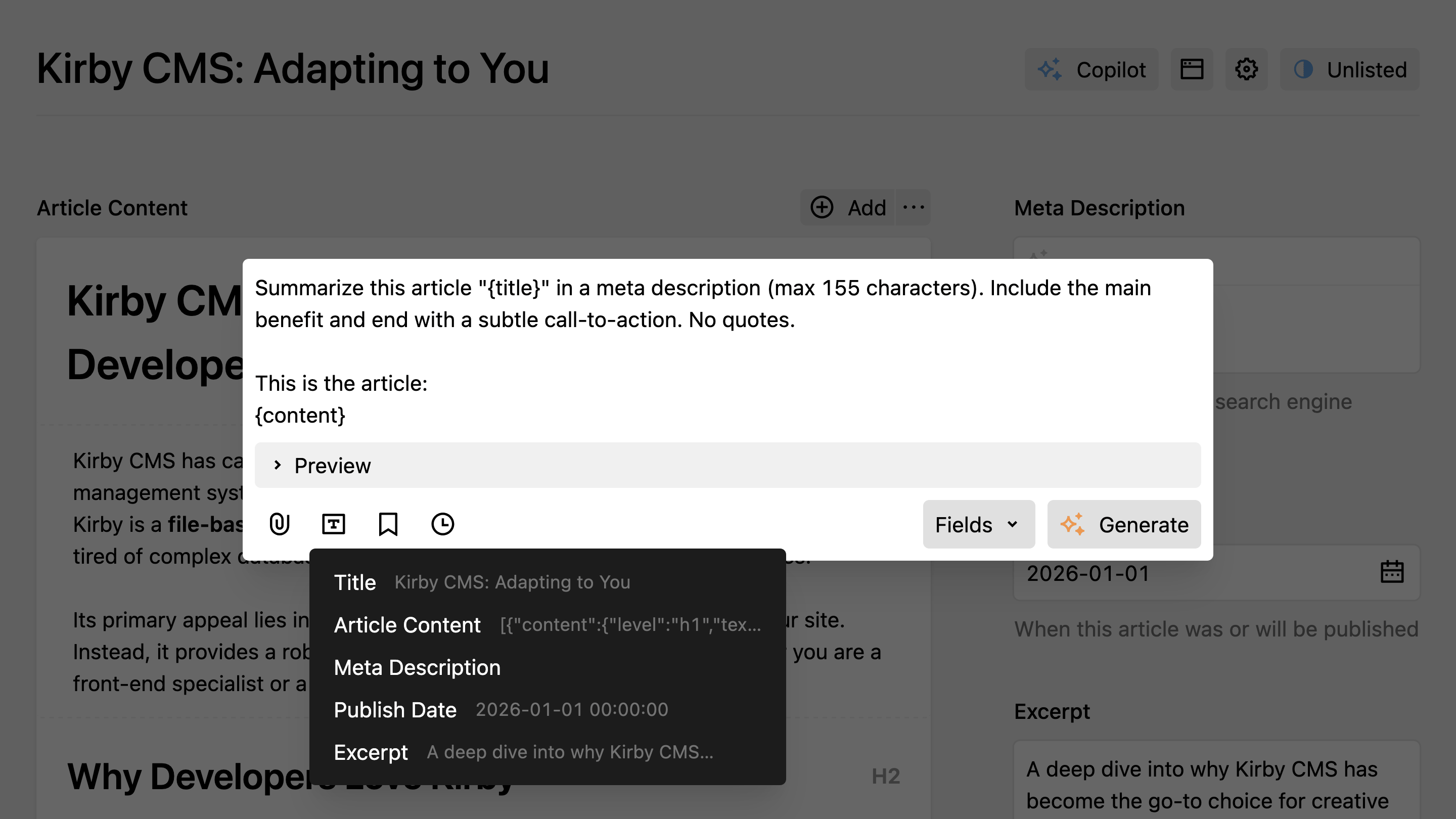 Insert field placeholder dropdown showing available fields