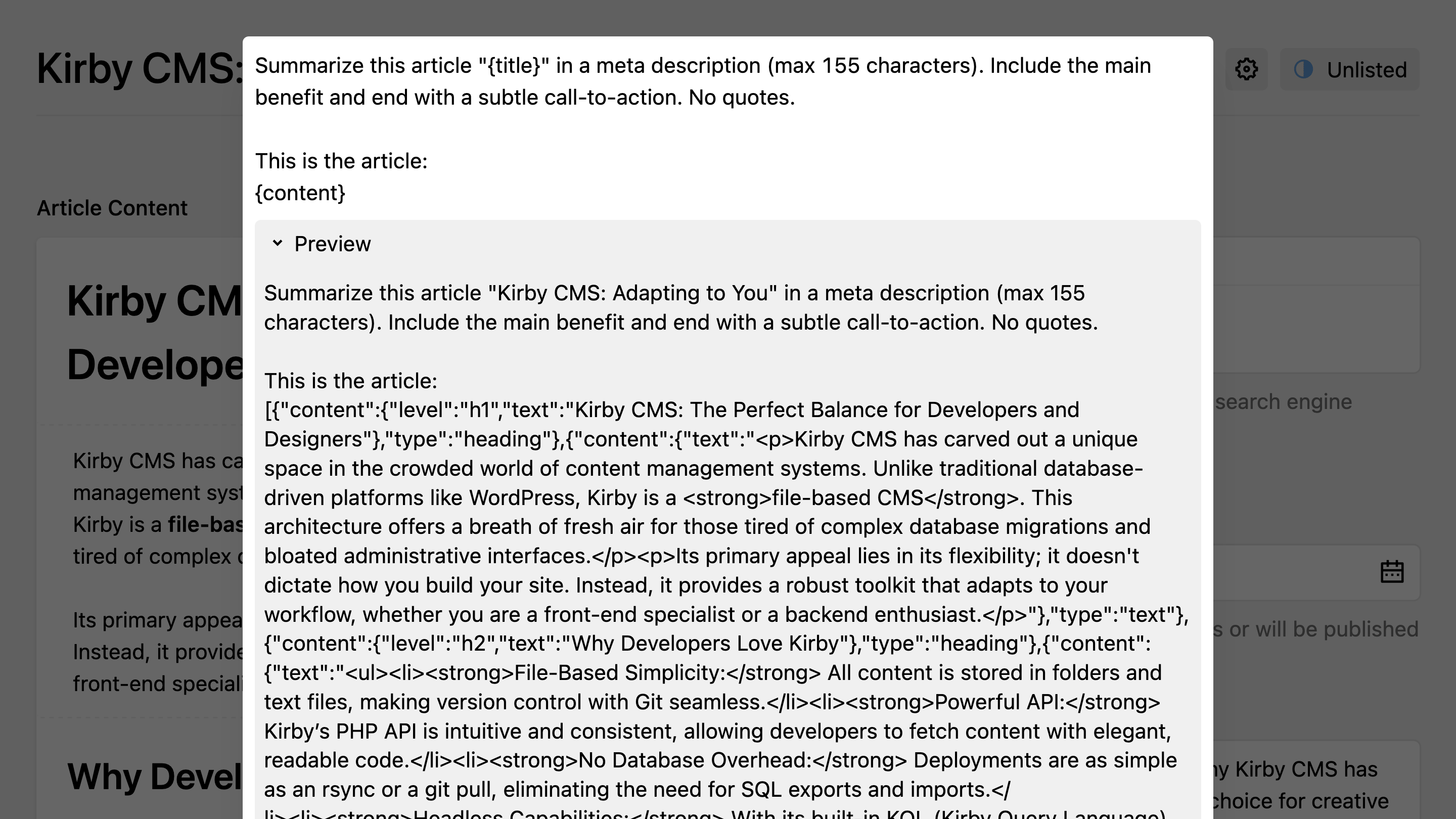 Prompt preview showing resolved placeholders