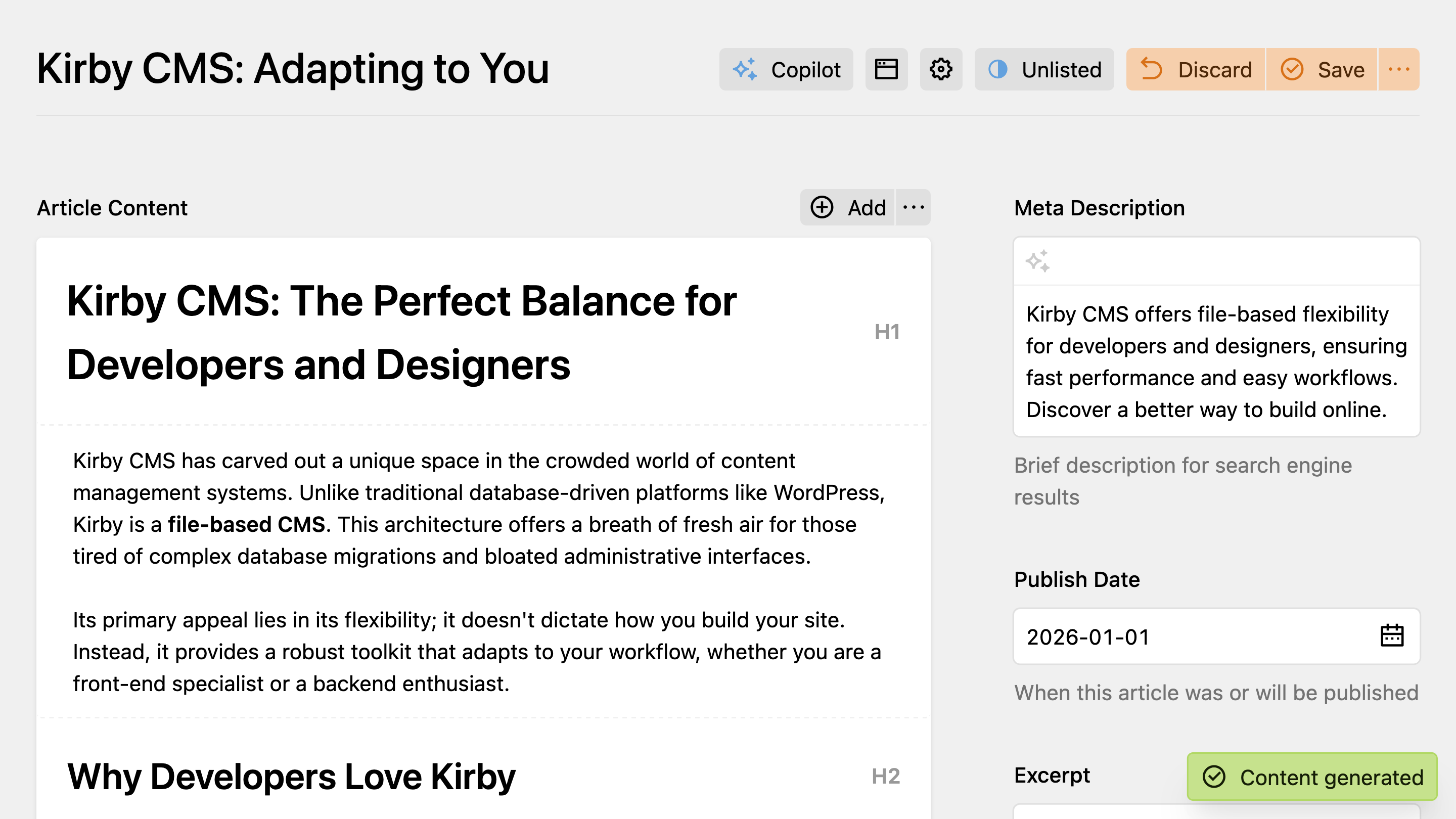 Meta description field with generated content