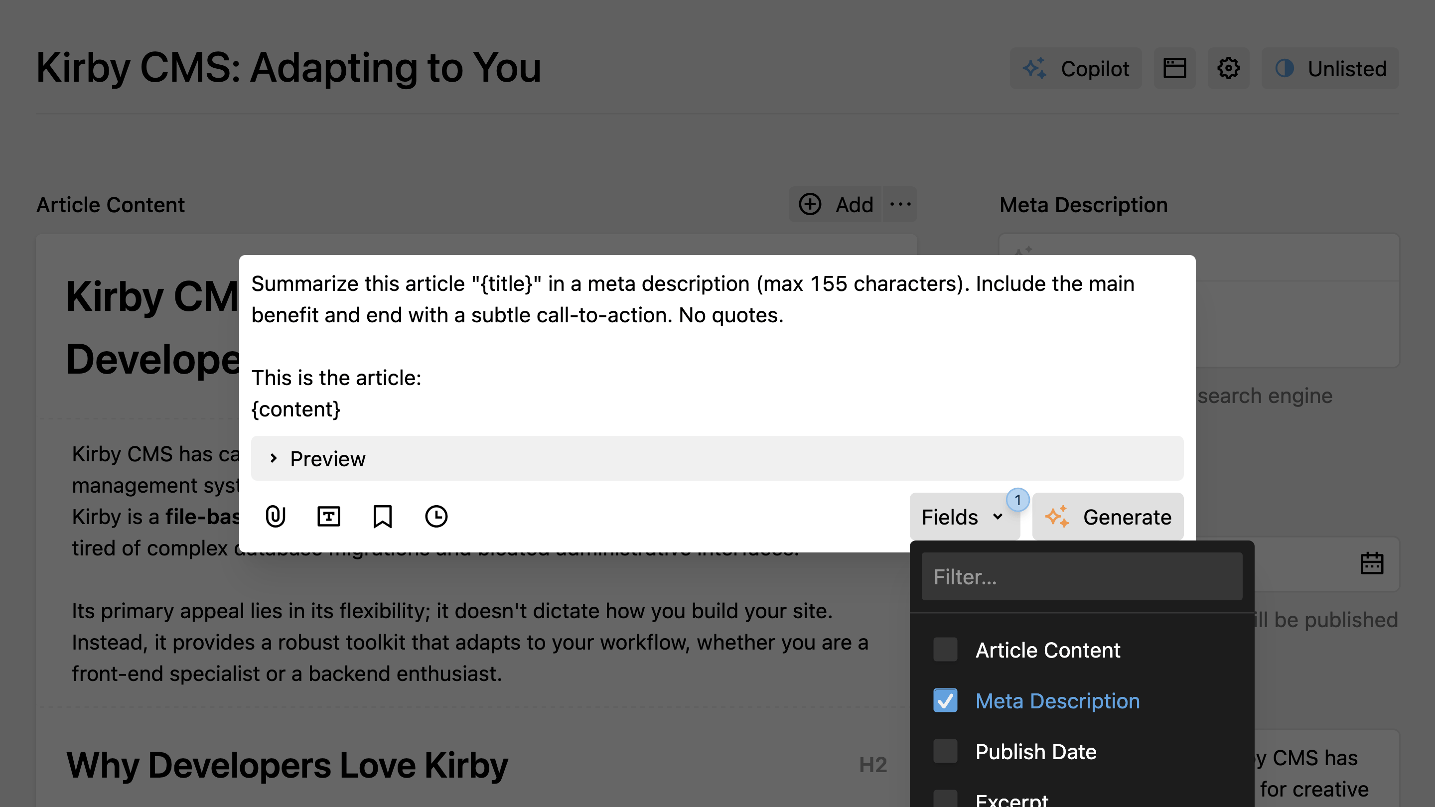 Copilot prompt dialog with field selection for meta description