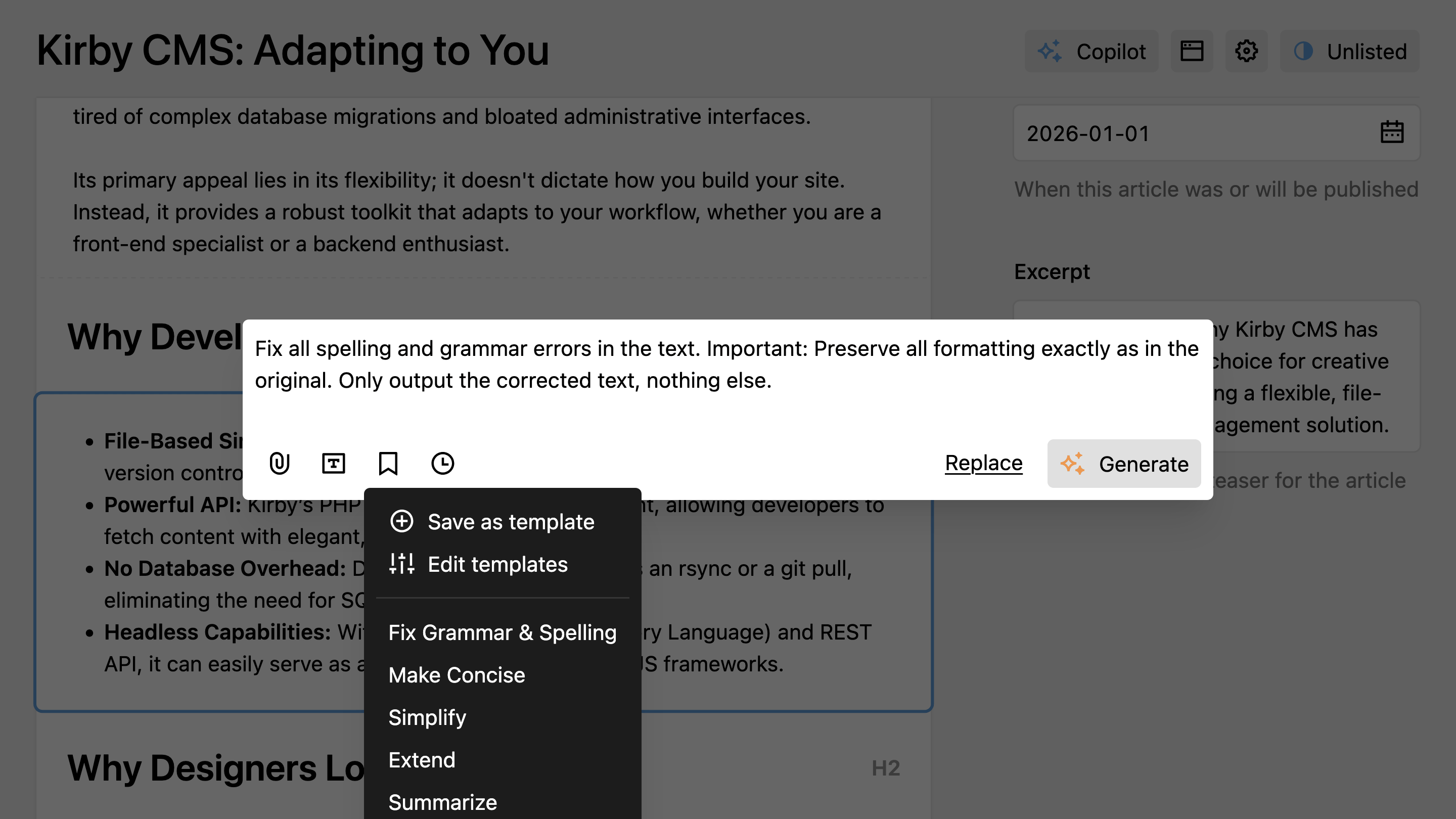 Prompt templates dropdown showing built-in templates and save options