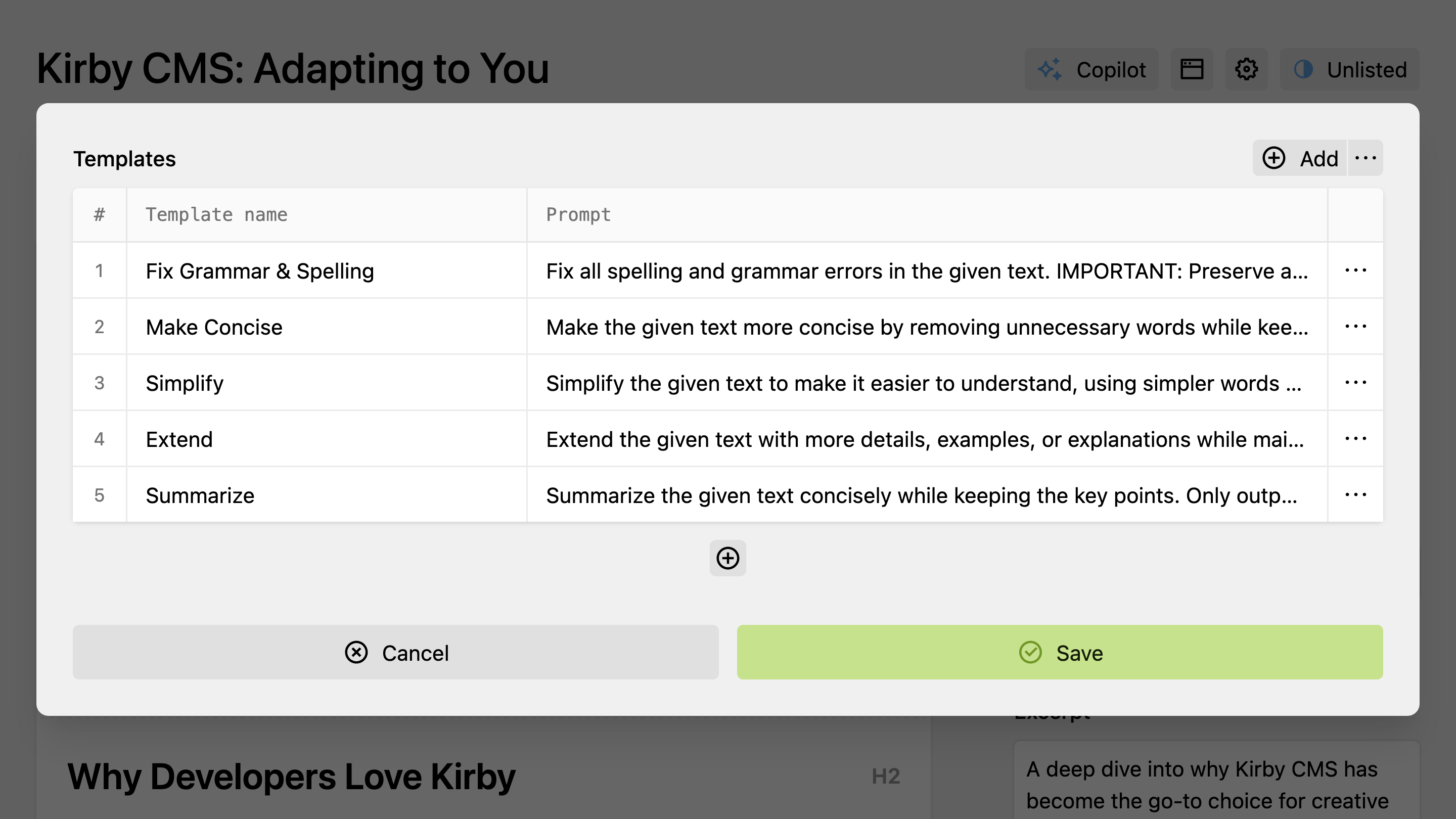 Template manager dialog for editing and organizing saved prompts