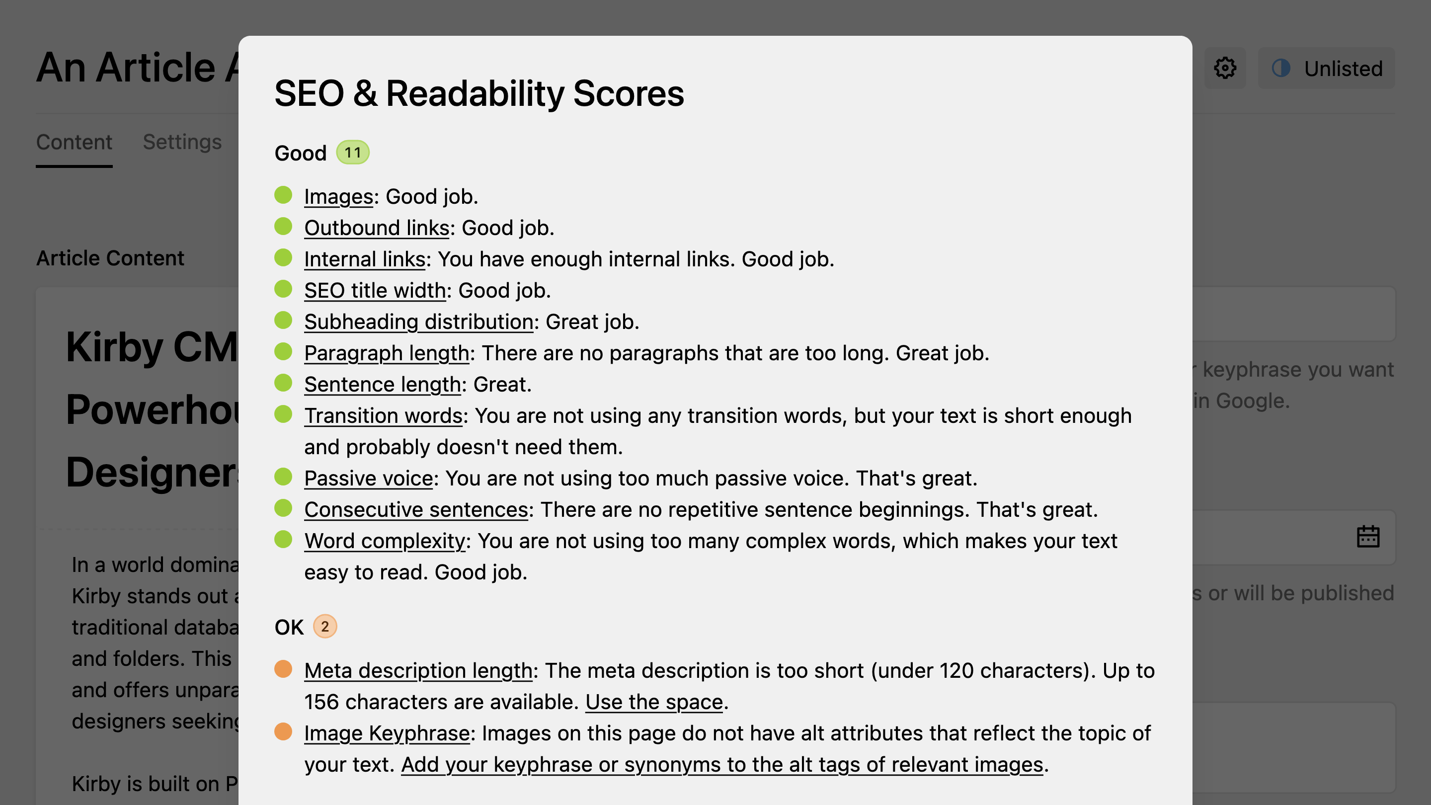Kirby SEO Audit showing analysis results dialog