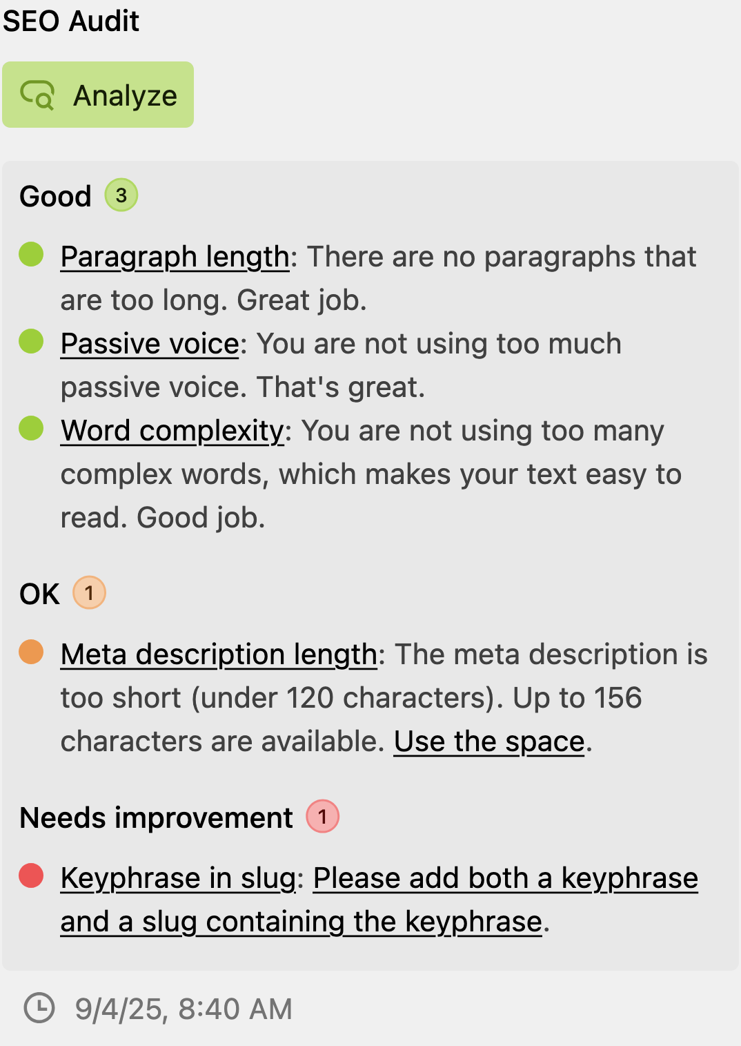 SEO audit section showing categorized results