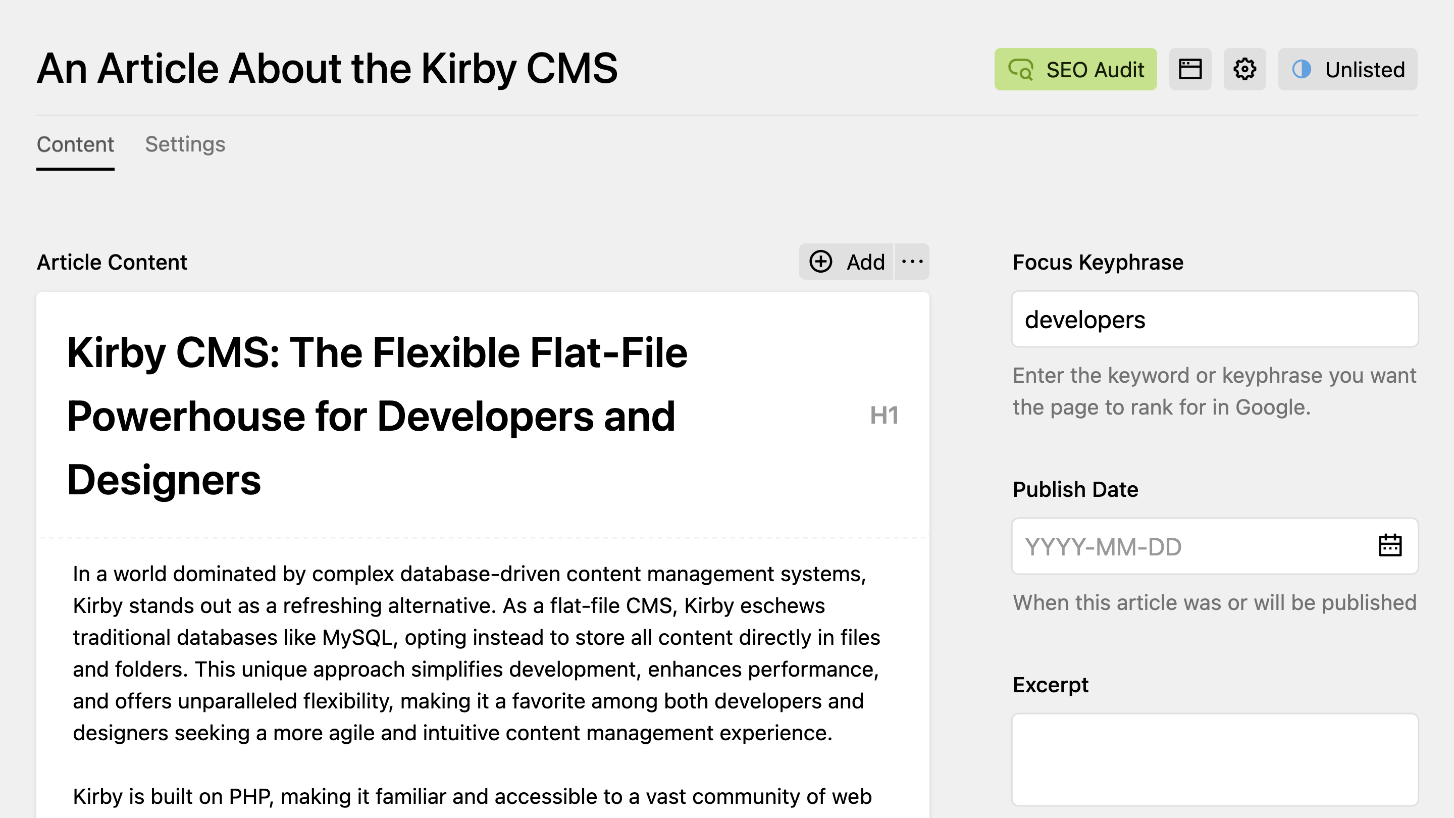 Kirby SEO Audit Panel view button
