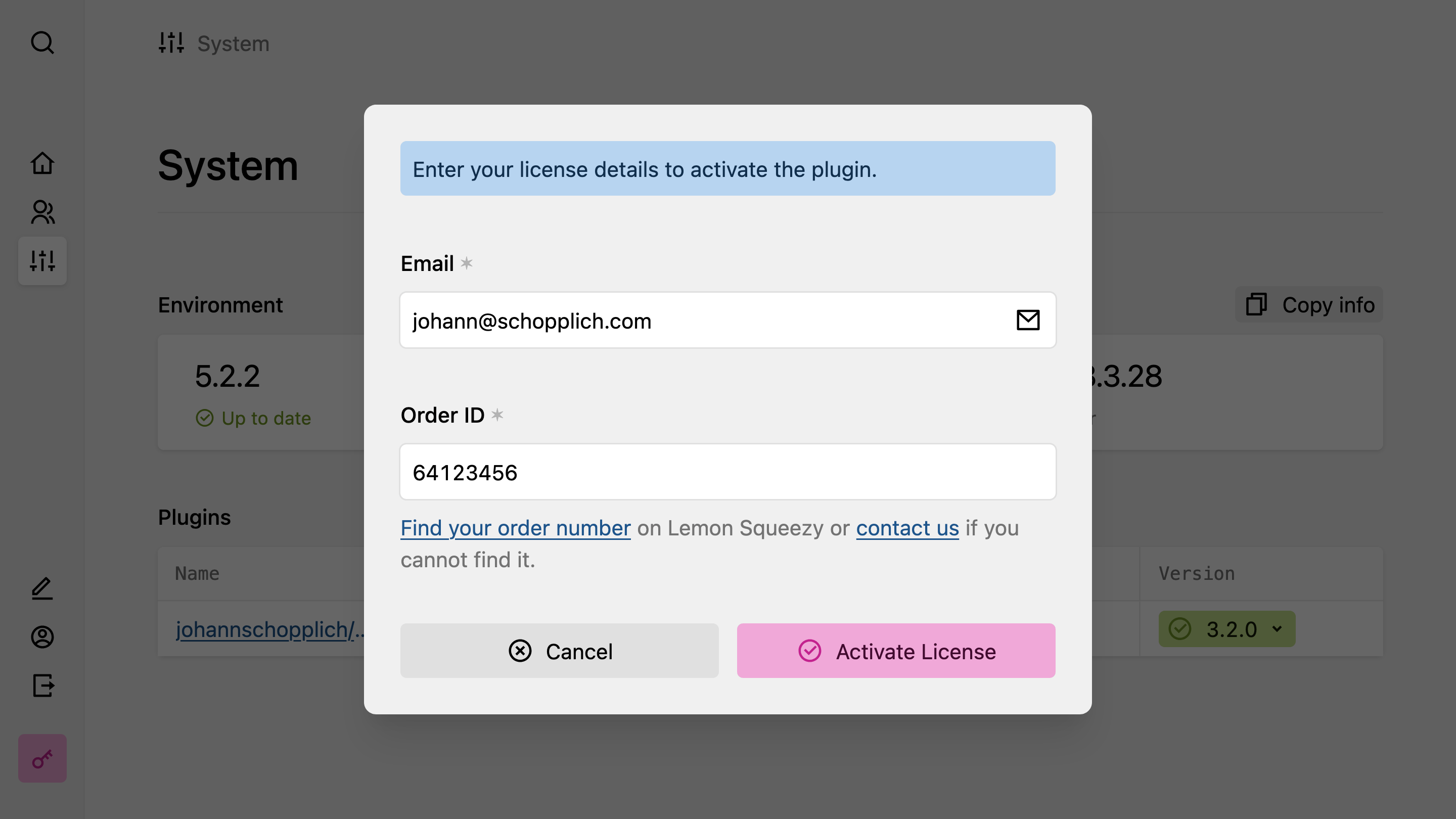 Kirby Panel system area with the license activation form