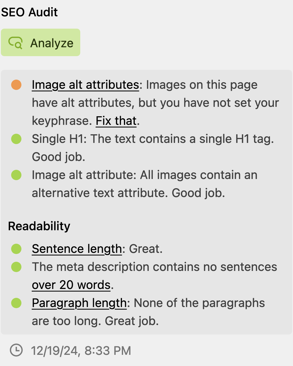 SEO audit section showing analysis results